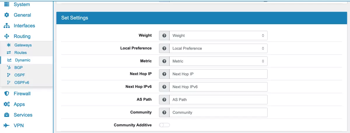 Routing Route Map Set Settings