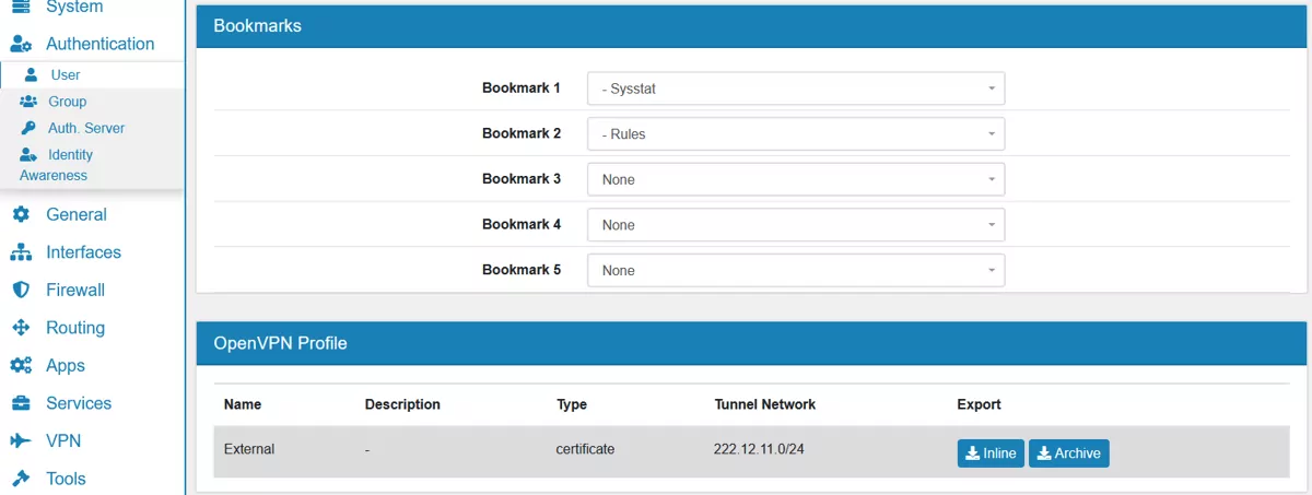 User Booksmarks and OpenVPN Profile