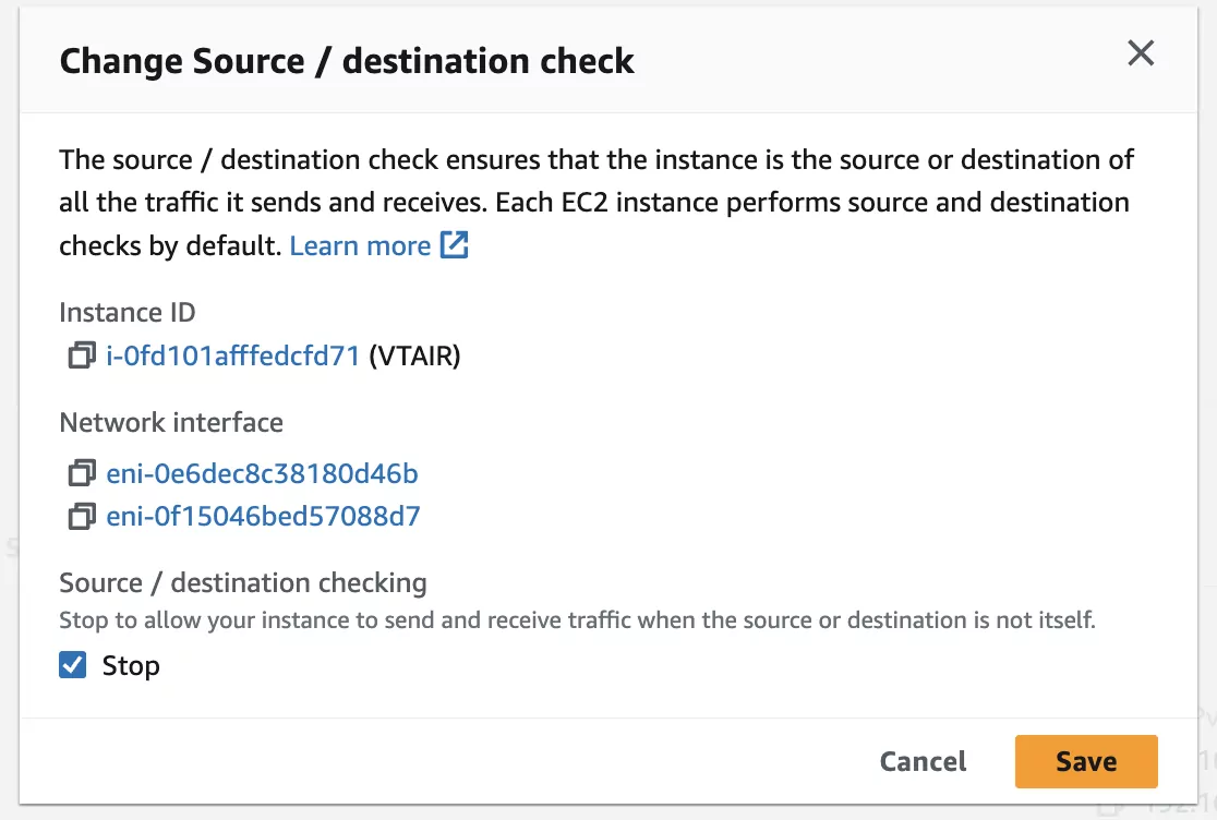 VT AIR AWS EC2 Instance Source and Destination Check