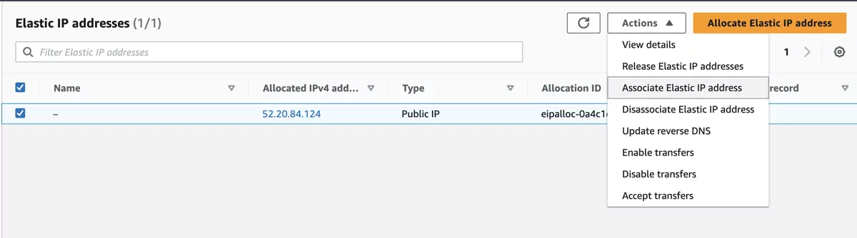 VT AIR AWS EC2 Instance Elastic IP Select