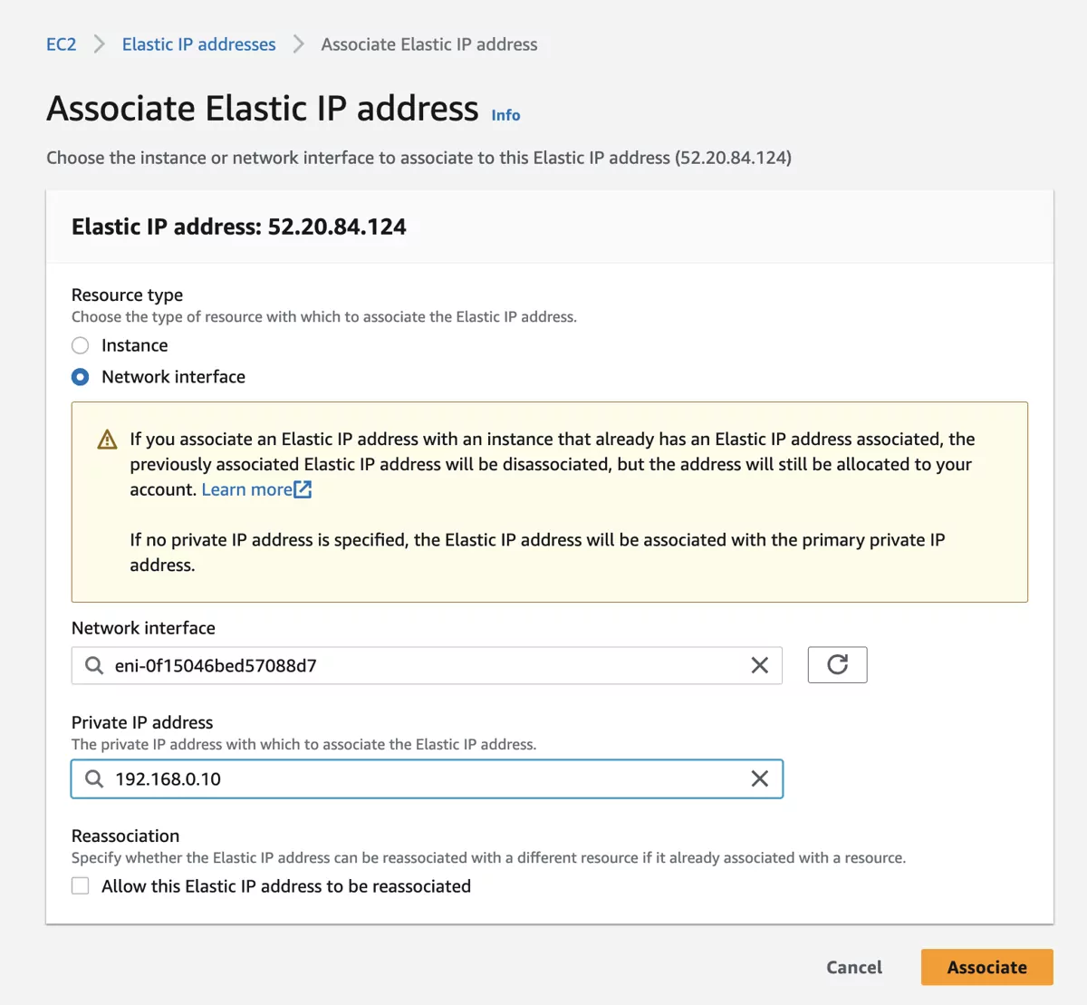 VT AIR AWS EC2 Instance Elastic IP Select