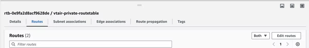 VT AIR AWS Private Routing Edit Route