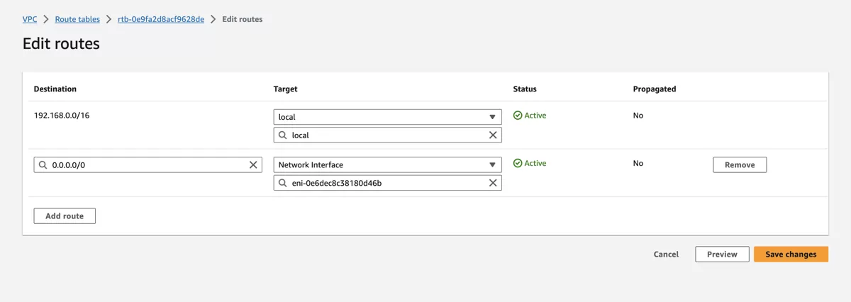VT AIR AWS Public Routing Table Private Gateway Association
