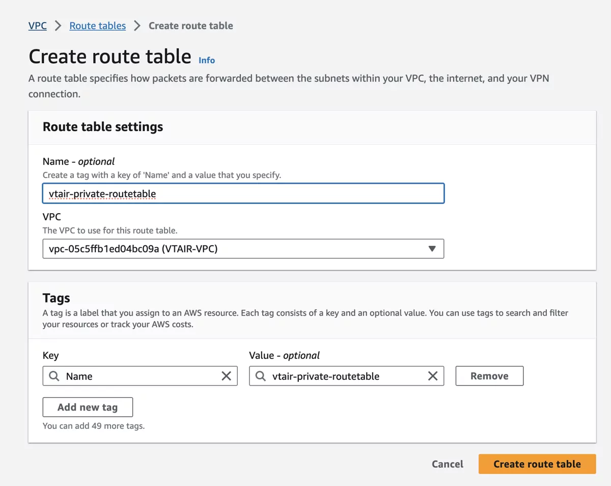 VT AIR AWS Private Routing Table