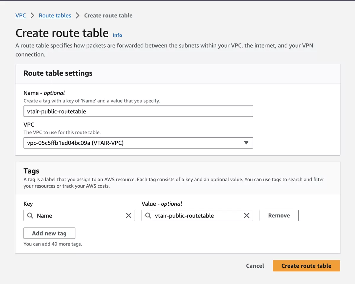 VT AIR AWS Public Routing Table