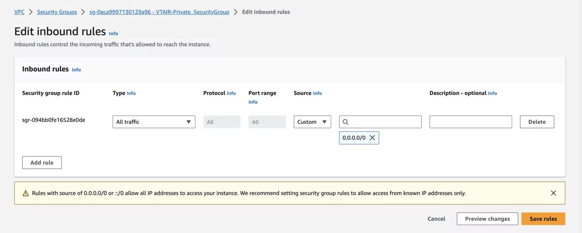 VT AIR AWS Private Security Group Inbound Rules