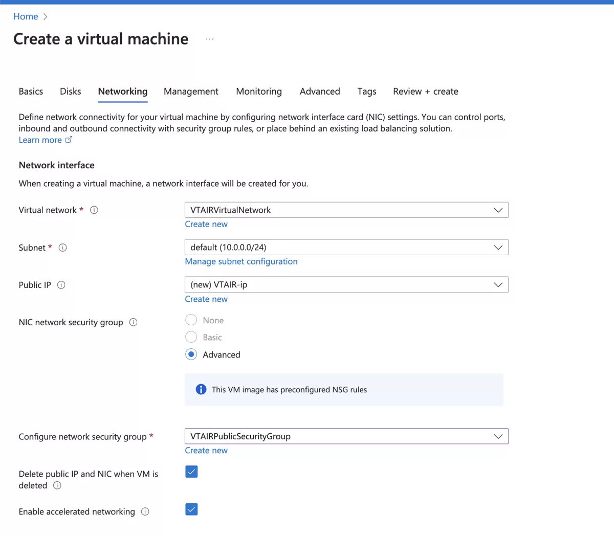 VT AIR Azure Instance Network
