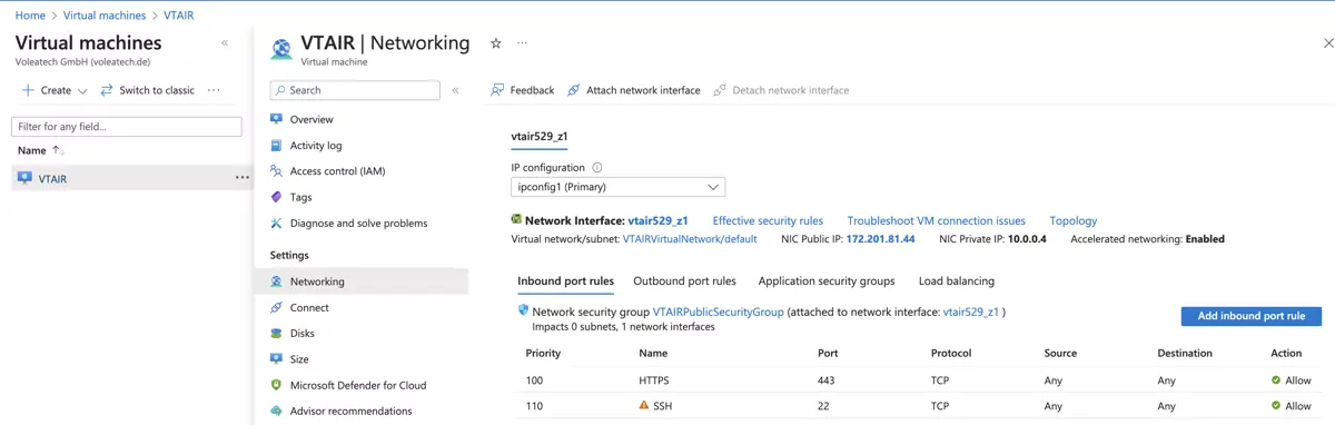 VT AIR Azure Instance Network LAN