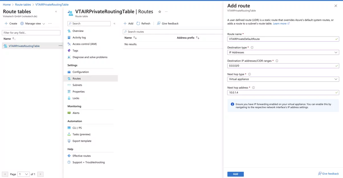 VT AIR Azure Public Routing Table Private Gateway Association