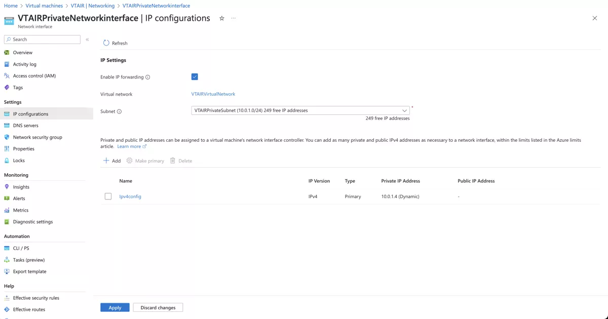 VT AIR Azure Private Network Interface Forwarding