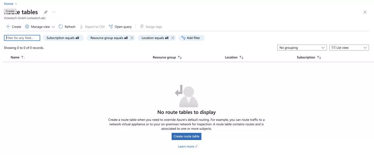 VT AIR Azure Private Routing Table