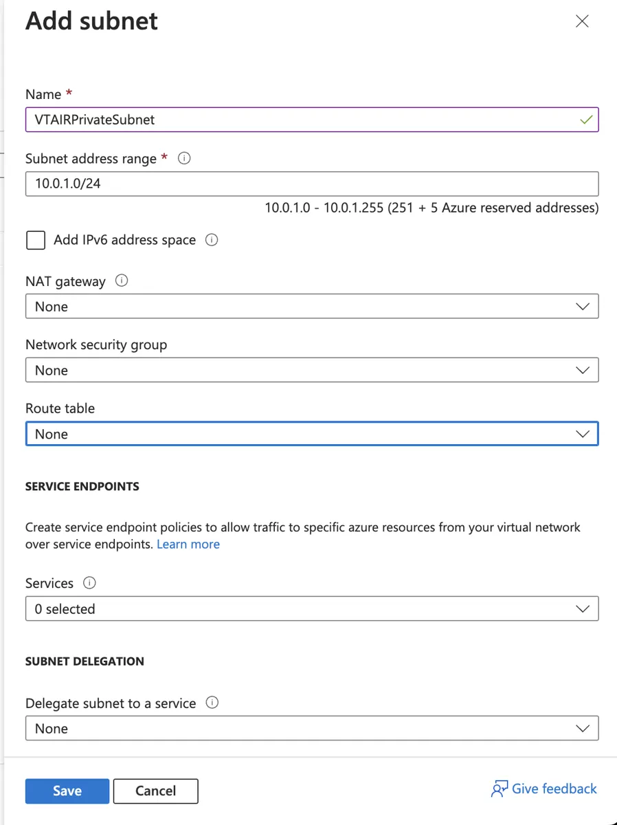 VT AIR Azure Private Subnet Create