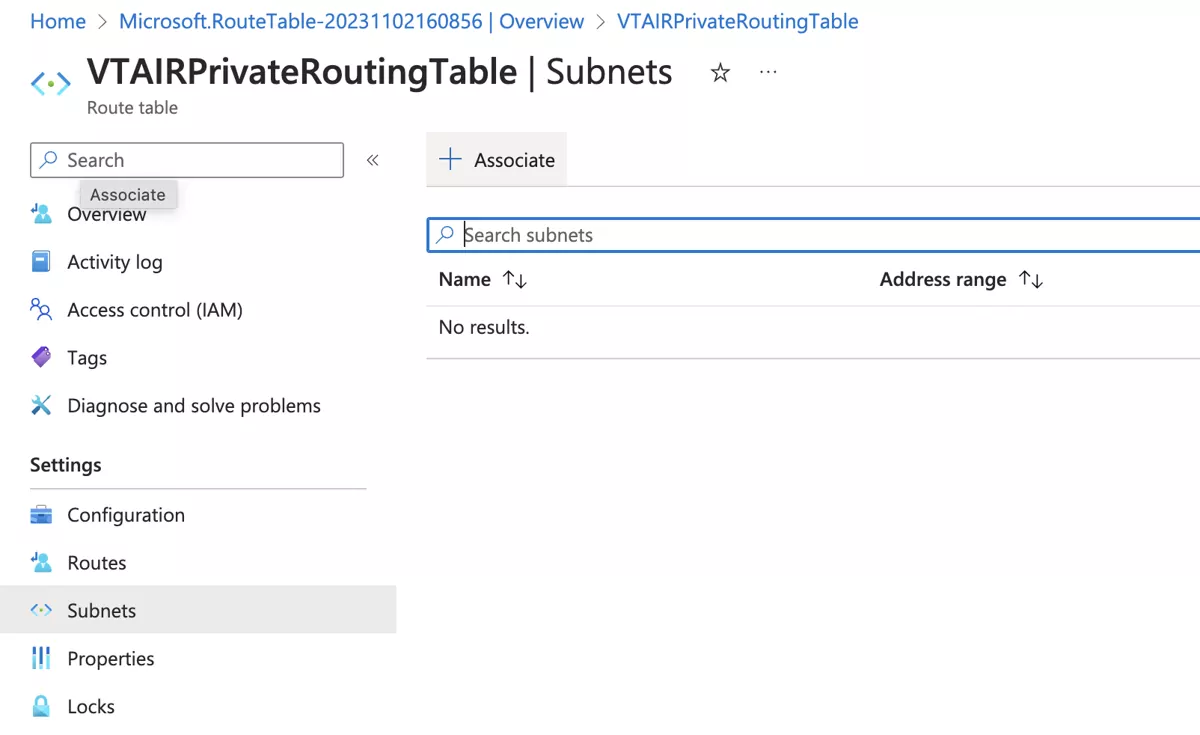 VT AIR Azure Private Routing Table Association