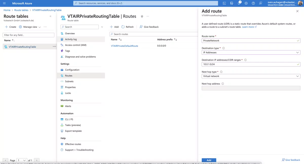 VT AIR Azure Private Routing Table Create
