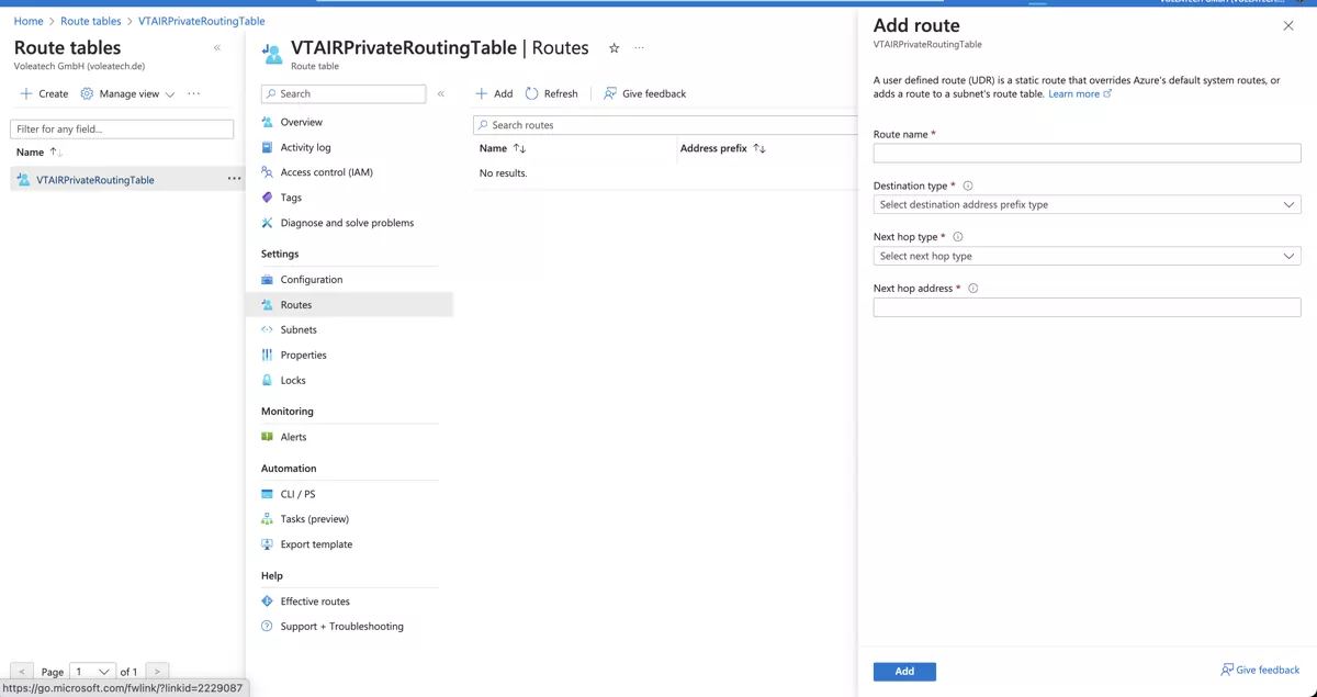 VT AIR Azure Private Routing Table Subnet