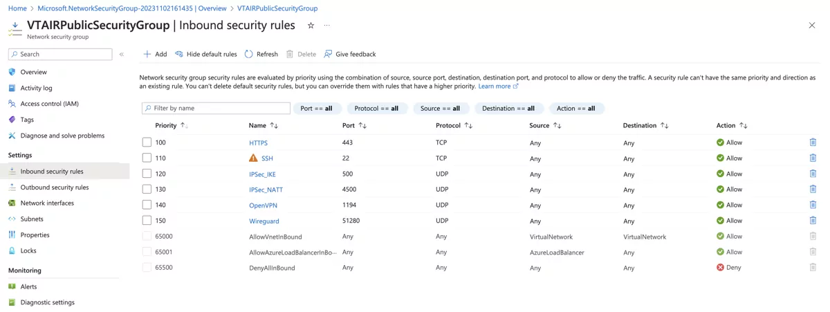 VT AIR Azure Private Security Group Inbound Rules
