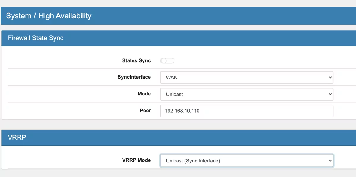 High Availability VRRP Unicast Mode