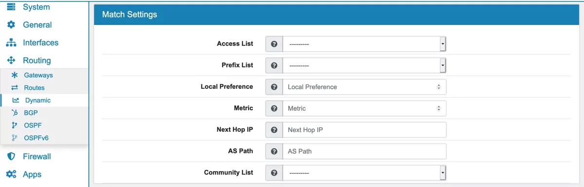 Routing Route Map Match Settings