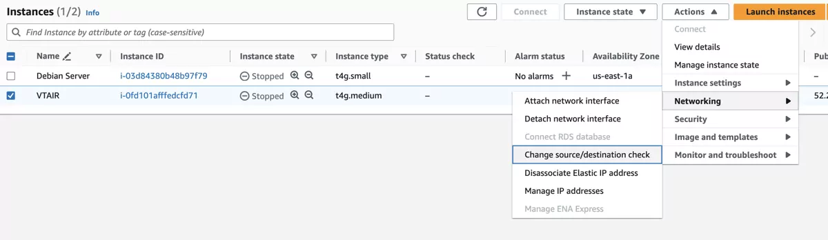 VT AIR AWS EC2 Instance Source and Destination Check