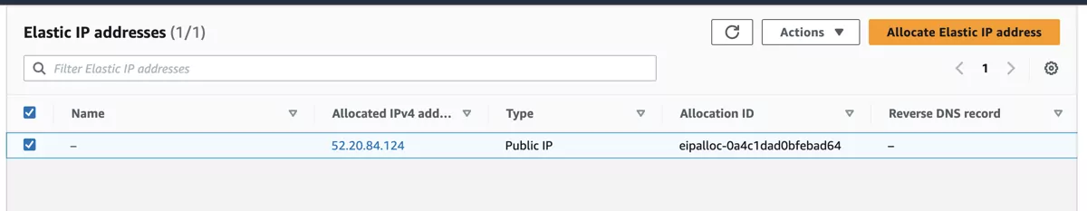 VT AIR AWS EC2 Instance Elastic IP Screen