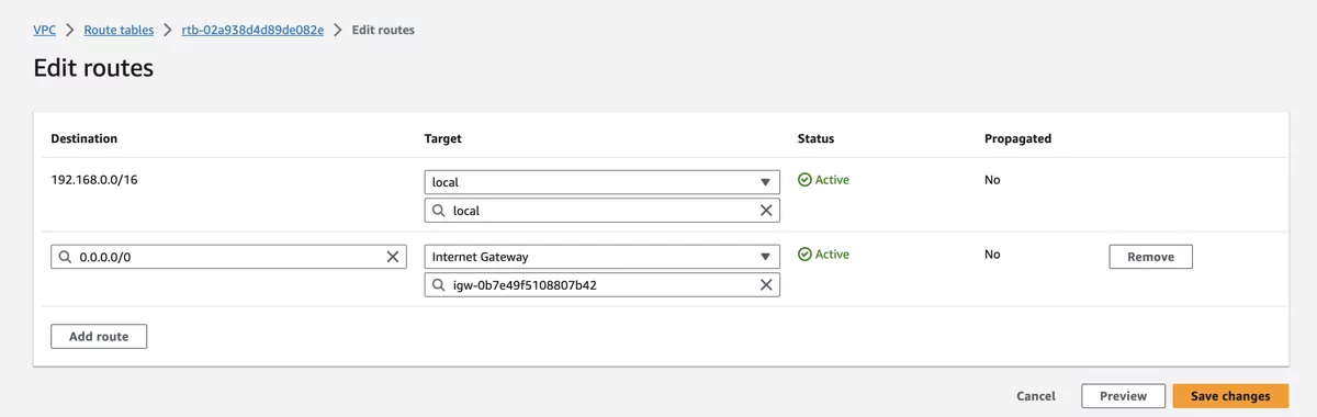 VT AIR AWS Public Routing Table Internet Gateway Association