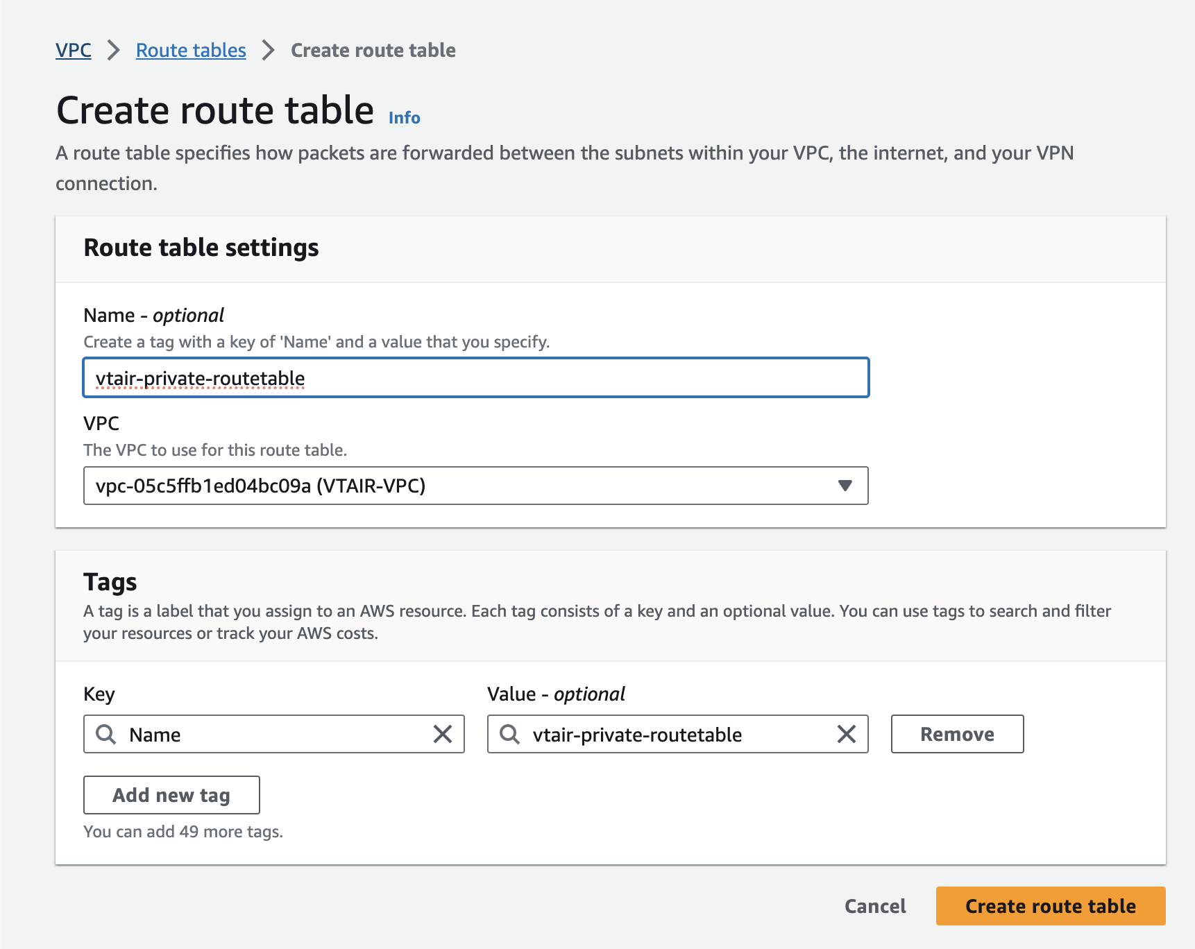 VT AIR AWS Private Routing Table