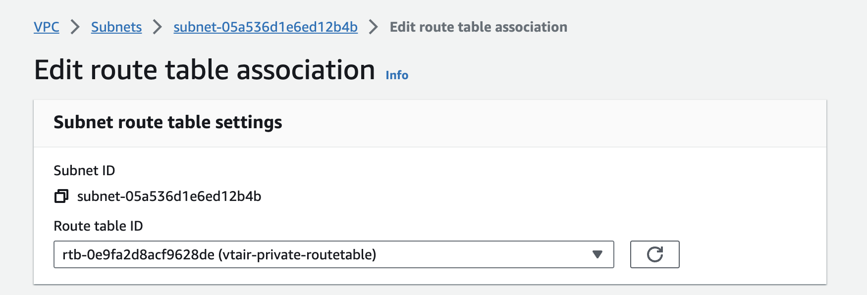 VT AIR AWS Private Routing Table Association