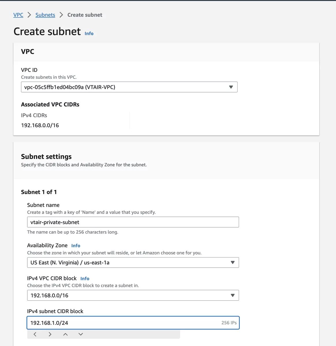 VT AIR AWS Private Subnet
