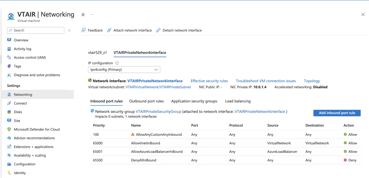 VT AIR Azure Instance Network LAN