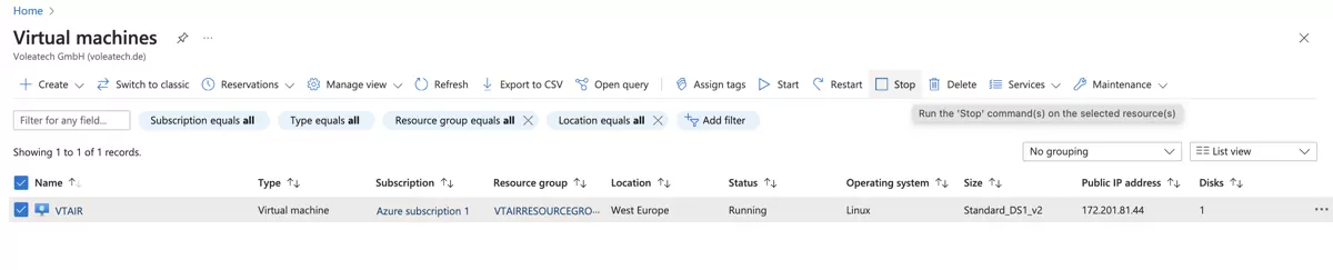 VT AIR Azure Instance Running