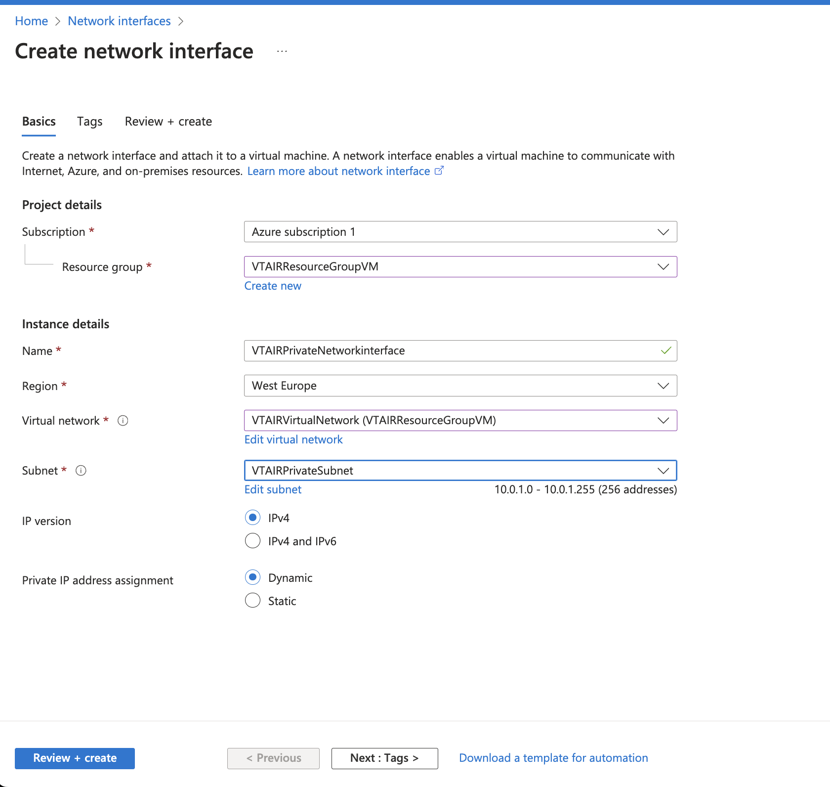 VT AIR Azure Private Network Interface