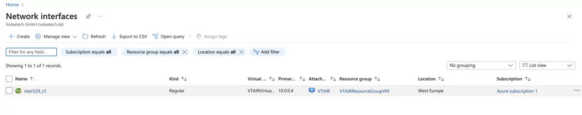 VT AIR Azure Private Network Interface