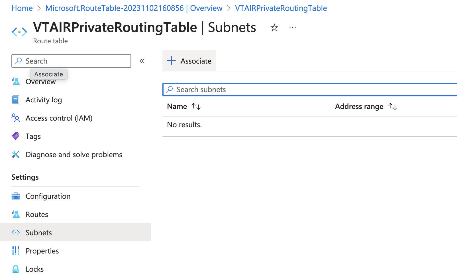 VT AIR Azure Private Routing Table Association
