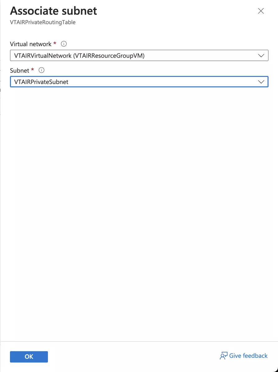 VT AIR Azure Private Routing Table Association