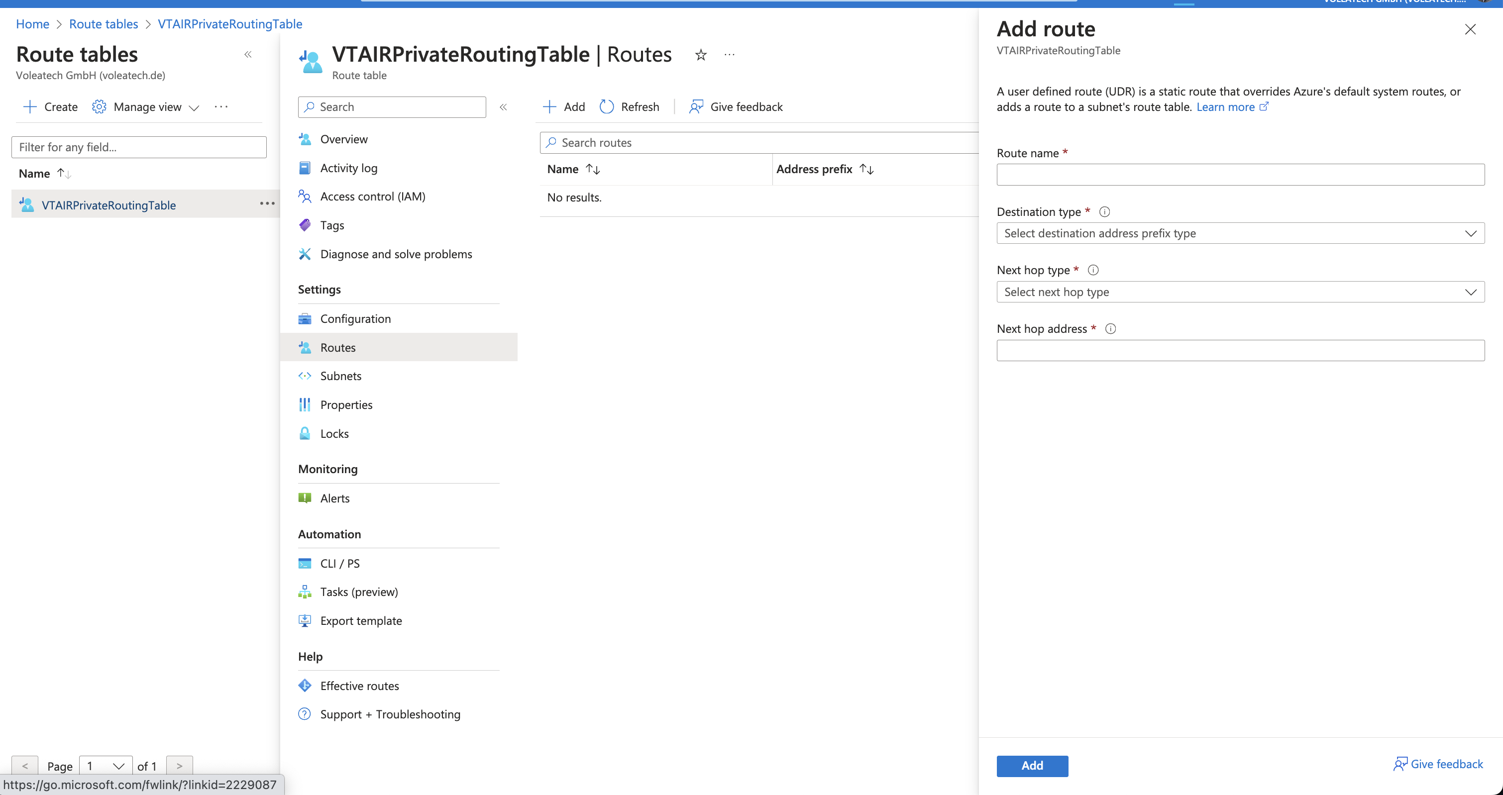 VT AIR Azure Private Routing Table Subnet