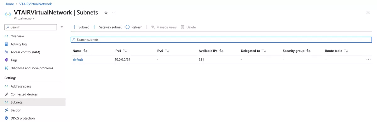 VT AIR Azure Private Subnet
