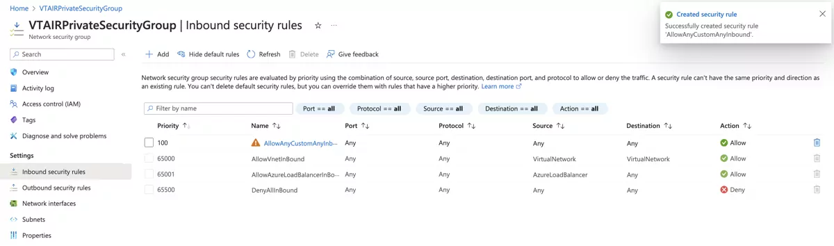 VT AIR Azure Private Security Group Inbound Rules