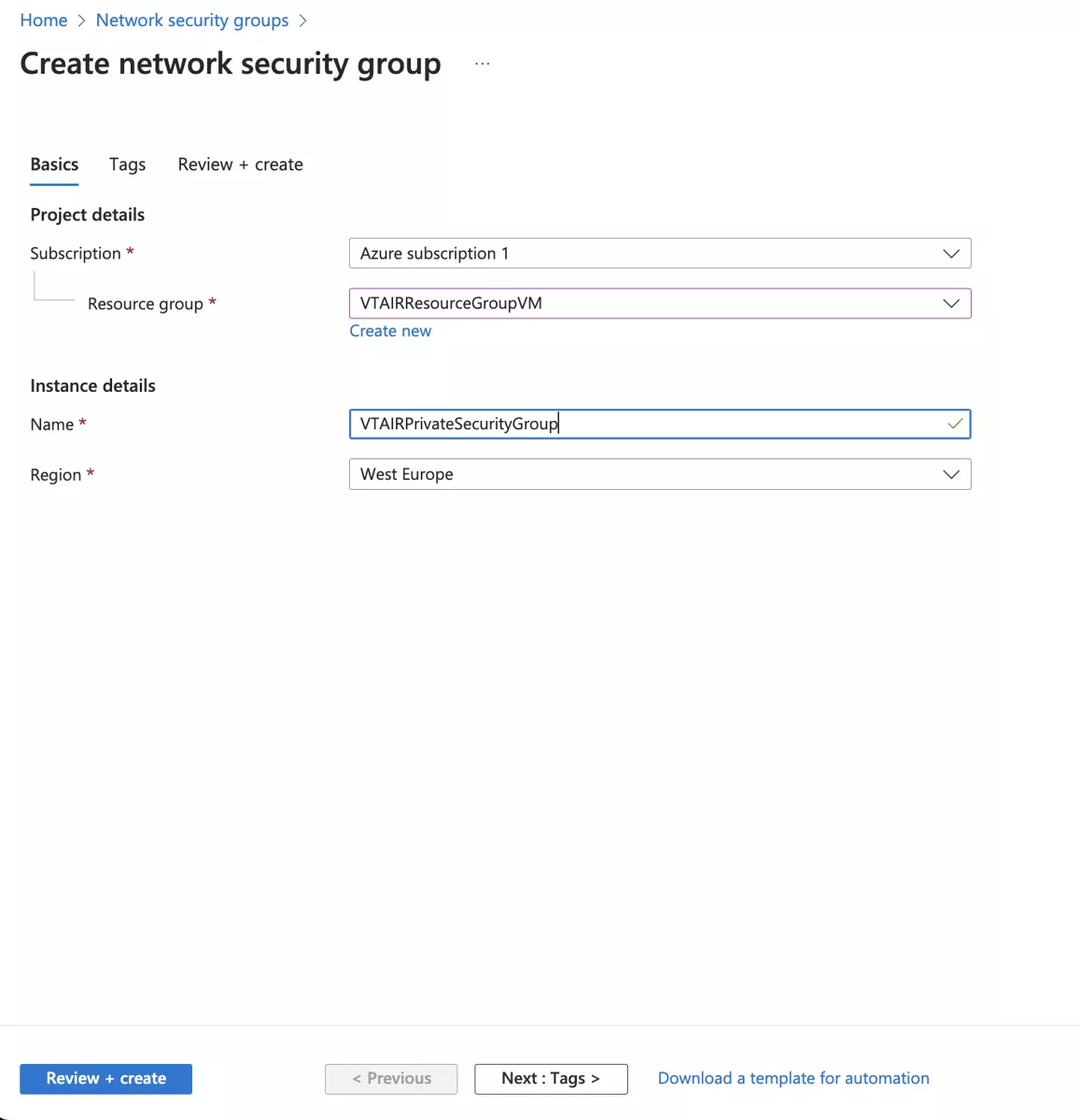 VT AIR Azure Private Security Group