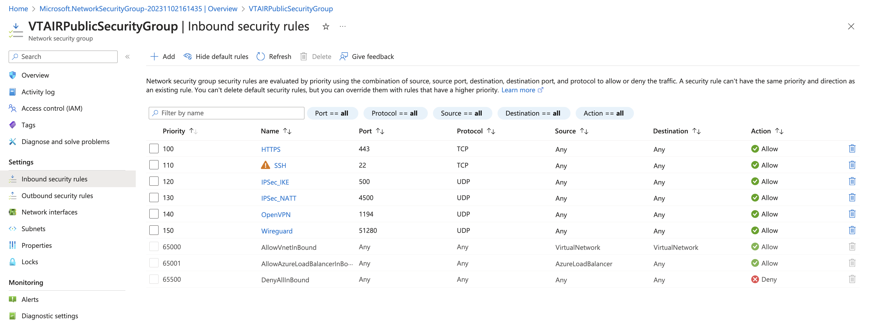 VT AIR Azure Private Security Group Inbound Rules