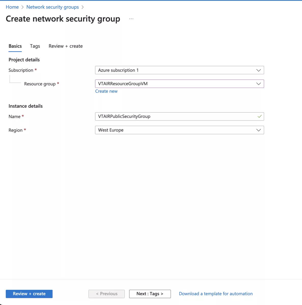 VT AIR Azure Private Security Group