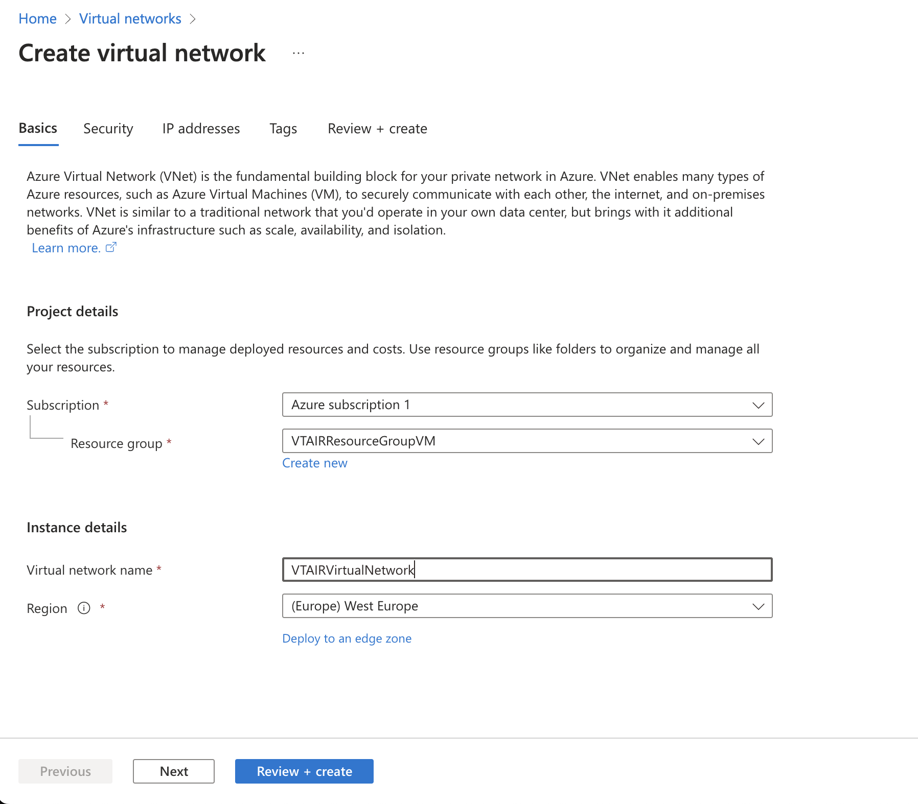 VT AIR Azure Create Virtual Network